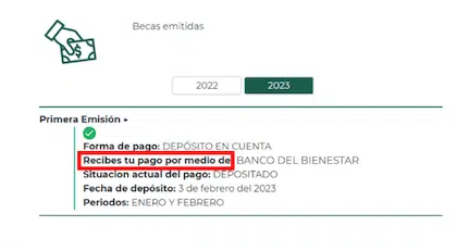 Sección de Asignación de Institución Bancaria para el pago de la beca en el Buscador de Estatus