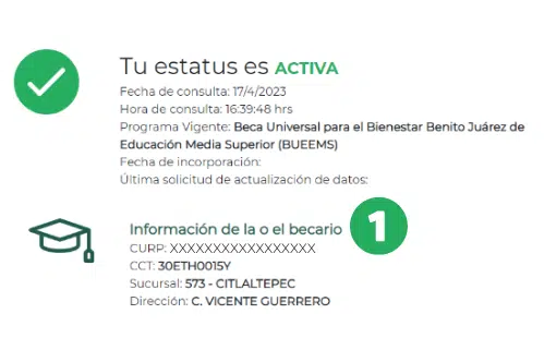 Estatus "Activa" en el Programa de Becas Benito Juárez para Media Superior y Superior